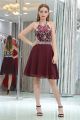 A Line Halter Short Burgundy Chiffon Beaded Homecoming Prom Dress