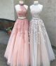 A Line Halter Two Piece Blush Pink Tulle Applique Prom Dress