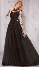 A Line High Neck Collar Open Back Long Sleeve Black Prom Dress With Bow