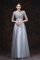 A Line High Neck Long Silver Tulle Lace Evening Prom Dress With Sleeves Belt