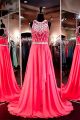 A Line High Neck Long Watermelon Chiffon Beaded Prom Dress