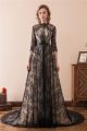 A Line High Neck Three Quarter Sleeve Black Lace Evening Prom Dress Front Buttons