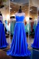 A Line Long Royal Blue Chiffon Beaded Prom Dress With Sleeves