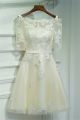 A Line Off The Shoulder Light Champagne Tulle Lace Sleeve Prom Dress With Belt