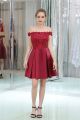 A Line Off The Shoulder Short Burgundy Satin Lace Party Prom Dress