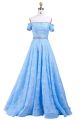 A Line Off The Shoulder Sleeved Long Light Blue Lace Beaded Prom Dress