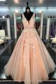 A Line Plunging Neckline Long Champagne Tulle Lace Applique Prom Dress