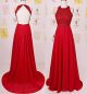 A Line Scoop Neck Backless Long Red Chiffon Beaded Prom Dress