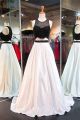 A Line Scoop Neck Black And Champagne Satin Beaded Two Tone Prom Dress