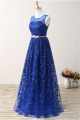 A Line Scoop Neck Long Royal Blue Lace Glitter Prom Dress With Belt