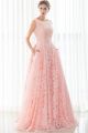 A Line Sleeveless Corset Back Long Pearl Pink Lace Prom Dress With Pockets