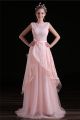 A Line Sleeveless Long Blush Pink Tulle Lace Bridemsiad Prom Dress With Bow