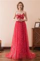 A Line Sleeveless Red Tulle Embroidery Sequin Shining Prom Dress