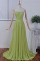 A Line Strapless Drop Waist Long Grass Green Chiffon Beaded Prom Dress