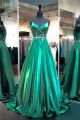 A Line Sweetheart Cut Out Back Emerald Green Satin Beaded Prom Dress With Straps