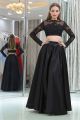 A Line Two Piece Long Black Satin Lace Sleeve Prom Dress