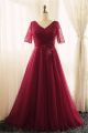 A Line V Neck Burgundy Tulle Sleeve Plus Size Prom Dress