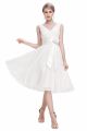 A Line V Neck Corset Short White Chiffon Bridesmaid Dress With Bow Flower