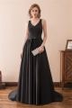 A Line V Neck Cross Straps Black Satin Evening Prom Dress With Bow