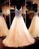 A Line V Neck Long Champagne Tulle Beaded Prom Dress