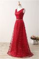 A Line V Neck Long Red Lace Special Occasion Prom Dress With Belt