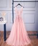 A Line V Neck Low Back Long Blush Pink Tulle Lace Prom Dress With Belt