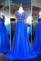 A Line V Neck Sleeveless Long Royal Blue Chiffon Beaded Prom Dress