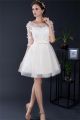 Ball Gown Boat Neck Short Light Champagne Tulle Flower Prom Dress With Sleeves