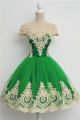 Ball Gown Cap Sleeve Emerald Green Tulle Champagne Lace Short Prom Dress