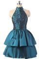 Ball Gown Halter Open Back Short Teal Taffeta Beaded Prom Dress