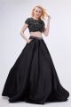 Ball Gown High Neck Two Piece Black Satin Beaded Prom Dress With Sleeves