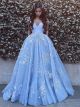 Ball Gown Off The Shoulder Light Blue Organza Lace Embroidery Prom Dress