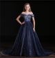 Ball Gown Off The Shoulder Navy Lace Beaded Occasion Prom Dress With Train