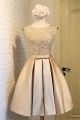 Ball Gown Round Neck Gold Satin Lace Short Prom Dress Bow Sash