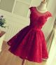 Ball Gown Scoop Neck Cap Sleeve Open Back Short Red Lace Prom Dress