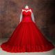 Ball Gown See Through Long Sleeve Red Tulle Lace Plus Size Wedding Dress