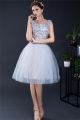 Ball Gown Square Neck Short Silver Tulle Sequined Prom Dress