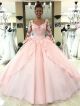 Ball Gown V Neck Light Pink Tulle Lace Prom Dress With Long Sleeves