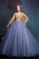 Ball Gown V Neck Long Sleeve Grey And Gold Tulle Beaded Prom Dress