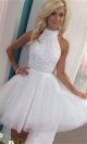 Ball Halter Keyhole Back Short White Tulle Beaded Tutu Prom Dress