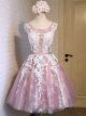 Ball Scoop Neck Dusty Rose Tulle White Lace See Through Prom Dress