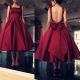 Ball Square Neck Backless Tea Length Burgundy Satin Prom Dress With Bow