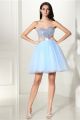 Ball Sweetheart Short Light Blue Tulle Sequined Prom Dress With Sash Bow