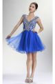 Ball V Neck Cap Sleeve Short Royal Blue Tulle Beaded Prom Dress