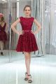 Bateau Neckline Cap Sleeve Short Burgundy Lace Bridesmaid Prom Dress With Sash