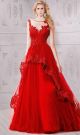 Beautiful A Line Illusion Neckline Red Tulle Lace Beaded Prom Dress