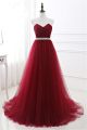 Beautiful A Line Strapless Long Burgundy Tulle Prom Dress With Beading Sash