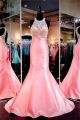 Beautiful Mermaid Halter Open Back Pink Satin Beaded Prom Dress