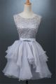 Beautiful Scoop Neck Silver Lace Organza Ruffle Prom Dress With Bow Sash