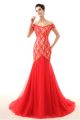 Charming Mermaid Off The Shoulder Low Back Red Lace Tulle Prom Dress